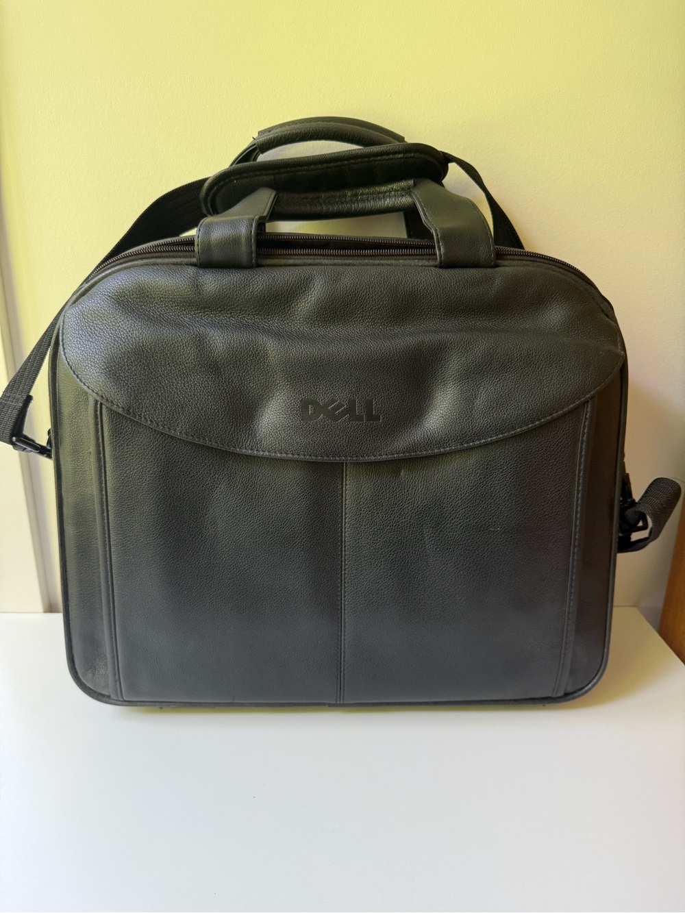 Dell Black Leather Laptop Briefcase with Shoulder Strap